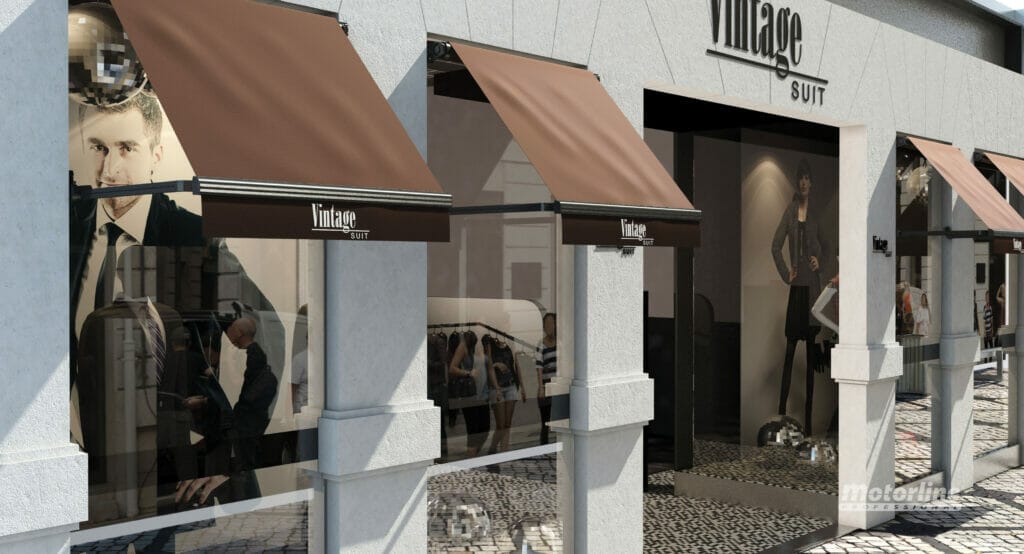 Uitvalzonwering Punto Recto met extra verticaal zonnescherm en logo