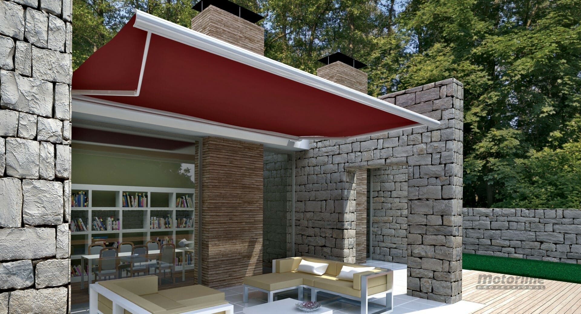 Knikarmscherm Cofre 136 boven een terras met rood effen doek